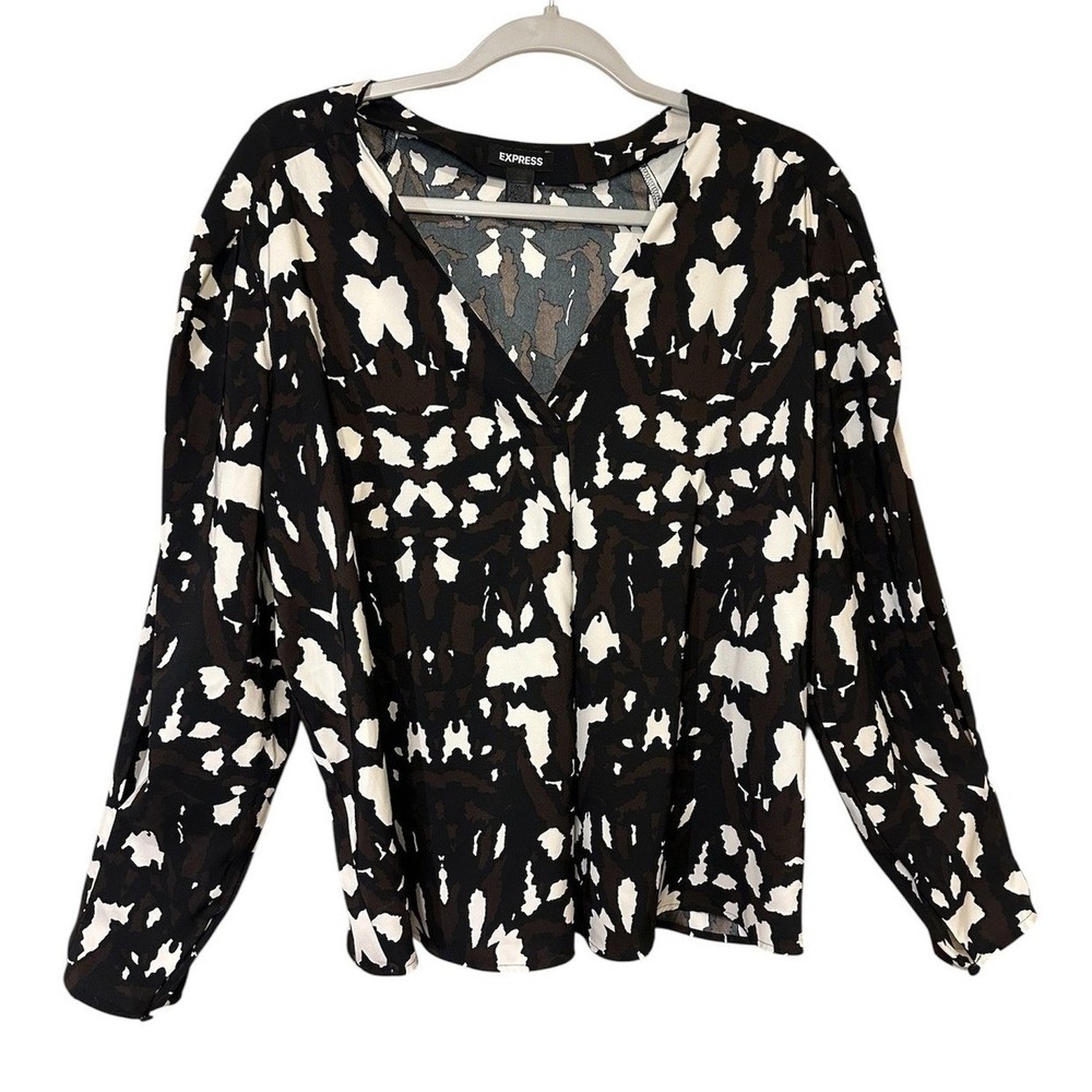 Express Womens Blouse Large Black Brown Abstract Print V-Neck Conscious Edit Top - Picture 2 of 7